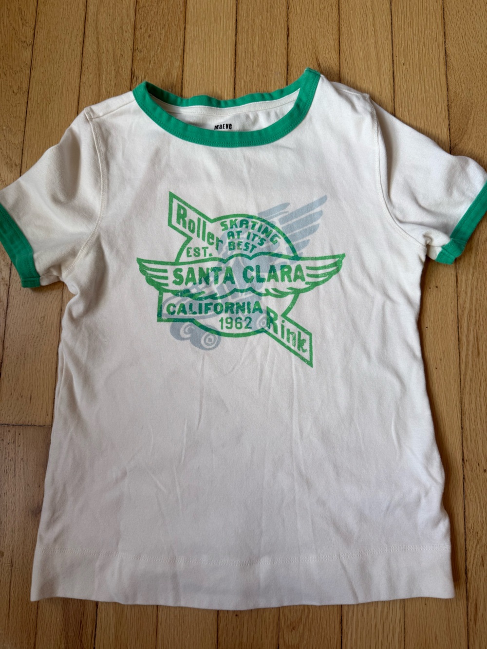 ANTHROPOLOGIE Maeve Santa Clara White Ringer Tee Green Trim size Small EUC